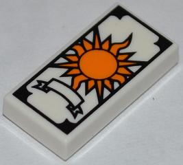 Display of LEGO part no. 3069pb0258 which is a White Tile 1 x 2 with Tarot Sun Card Pattern 
