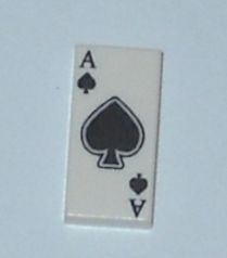 Display of LEGO part no. 3069pb0337 which is a White Tile 1 x 2 with Playing Card Ace of Spades Pattern 