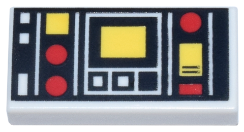 Display of LEGO part no. 3069pb0785 which is a White Tile 1 x 2 with Red and Yellow Controls and Two Squares on Left Pattern 