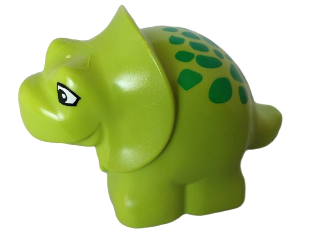 Display of LEGO part no. 31046pb02 which is a Lime Duplo Dinosaur Triceratops Baby with Green Spots Pattern 