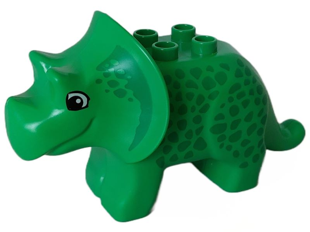 Display of LEGO part no. 31049pb02 which is a Bright Green Duplo Dinosaur Triceratops Adult with Green Spots Pattern 