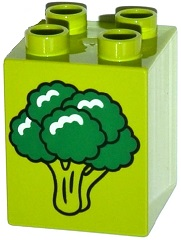 Display of LEGO part no. 31110pb114 which is a Lime Duplo, Brick 2 x 2 x 2 with Broccoli Pattern 