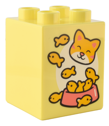 Display of LEGO part no. 31110pb185 which is a Bright Light Yellow Duplo, Brick 2 x 2 x 2 with Bright Light Orange, Coral, and White Kitten Face, Food Bowl, and Goldfish Pattern 