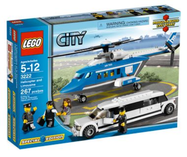 LEGO City set packaging with helicopter and limousine models on a blue background