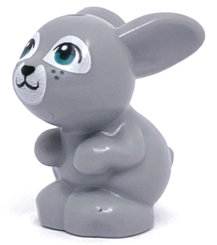 Display of LEGO part no. 34050pb02 which is a Light Bluish Gray Bunny / Rabbit, Friends Style, Sitting with Dark Turquoise Eyes, Black Nose and Mouth, and White Muzzle Pattern 