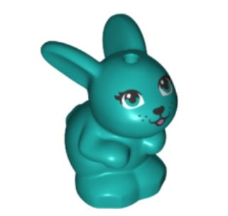 Display of LEGO part no. 34050pb03 which is a Dark Turquoise Bunny / Rabbit, Friends, Sitting with Dark Turquoise Eyes, Black Nose and Mouth, and Bright Pink Tongue Pattern