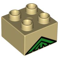 Display of LEGO part no. 3437pb001 which is a Tan Duplo, Brick 2 x 2 with Green Lattice Peak Pattern 