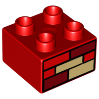 Display of LEGO part no. 3437pb042 which is a Red Duplo, Brick 2 x 2 with Red, Dark Red, and Tan Bricks Pattern 