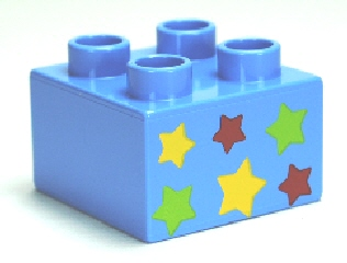 Display of LEGO part no. 3437pb043 which is a Medium Blue Duplo, Brick 2 x 2 with 6 Stars Pattern 