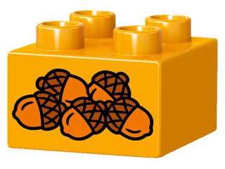 Display of LEGO part no. 3437pb073 which is a Bright Light Orange Duplo, Brick 2 x 2 with 5 Acorns Pattern 