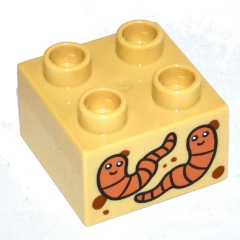Display of LEGO part no. 3437pb083 which is a Tan Duplo, Brick 2 x 2 with 2 Worms Pattern 