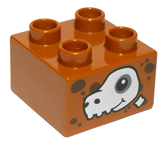 Display of LEGO part no. 3437pb084 which is a Dark Orange Duplo, Brick 2 x 2 with Dinosaur Skull Pattern 