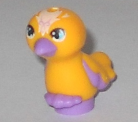 Display of LEGO part no. 35074pb01 which is a Medium Lavender Bird, Friends / Elves, Feet Joined with Bright Light Orange Body and Medium Azure Eyes Pattern (Sebastian) 