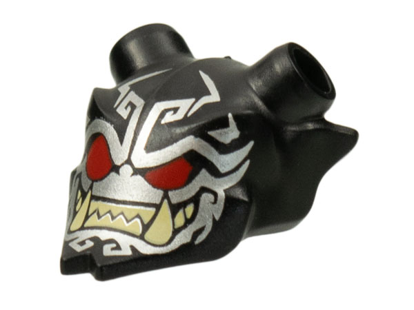 Display of LEGO part no. 35636pb06 which is a Black Minifigure, Visor Mask Ninjago Oni with Silver Face, Red Eyes, and Tan Sharp Teeth Pattern 