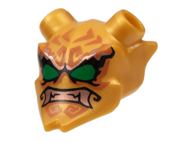 Display of LEGO part no. 35636pb07 which is a Pearl Gold Minifigure, Visor Mask Ninjago Oni with Green Eyes, Copper Teeth, and Dark Orange Markings Pattern 