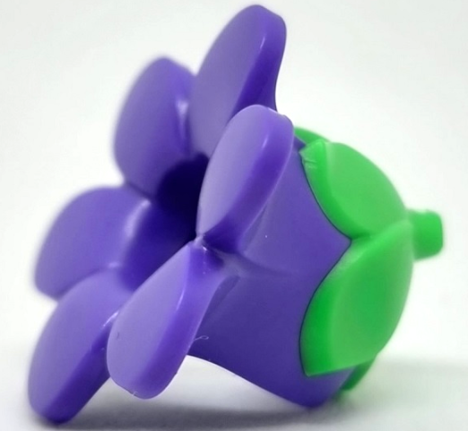 Display of LEGO part no. 35762pb01 which is a Dark Purple Minifigure, Headgear Head Cover, Costume Flower with Molded Bright Green Bud Pattern 