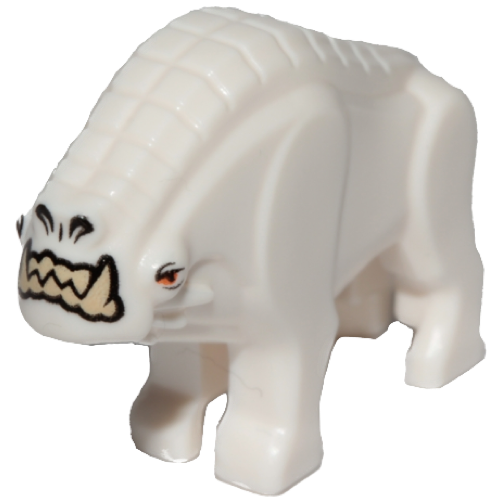 Display of LEGO part no. 36032pb01 which is a White Corellian Hound with Tan Teeth and Orange Eyes Pattern - Star Wars