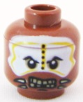 Display of LEGO part no. 3626bpb0571 which is a Reddish Brown Minifigure, Head PotC Cannibal White and Yellow Face Paint Pattern, Blocked Open Stud 