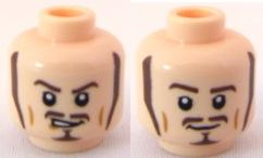 Display of LEGO part no. 3626bpb0574 which is a Light Nougat Minifigure, Head Dual Sided PotC Will Long Brown Sideburns, Moustache, Goatee, Sneer / Smile Pattern, Blocked Open Stud 