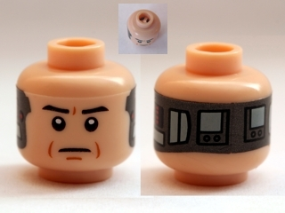 Display of LEGO part no. 3626bpb0721 which is a Light Nougat Minifigure, Head Alien with SW Black Eyebrows, Eyes with Pupils, Frown, Implant on Back Pattern (Lobot), Blocked Open Stud 