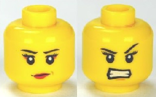 Display of LEGO part no. 3626cpb0681 which is a Yellow Minifigure, Head Dual Sided Female Eyelashes and Red Lips, Determined / Angry Pattern, Hollow Stud 