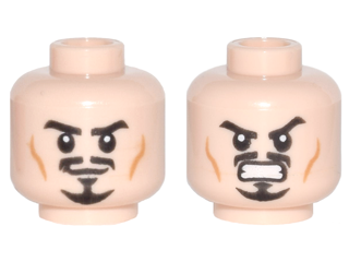 Display of LEGO part no. 3626cpb0705 which is a Light Nougat Minifigure, Head Dual Sided Moustache, Goatee and Cheek Lines, Determined / Angry Pattern, Hollow Stud 