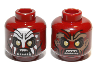 Display of LEGO part no. 3626cpb0719 which is a Dark Red Minifigure, Head Dual Sided LotR Uruk-hai Scowling / Handprint Pattern, Hollow Stud 