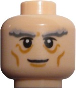 Display of LEGO part no. 3626cpb0729 which is a Light Nougat Minifigure, Head LotR Gandalf Thick Gray Eyebrows, Smile Pattern, Hollow Stud 