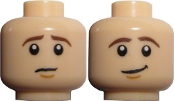 Display of LEGO part no. 3626cpb0730 which is a Light Nougat Minifigure, Head Dual Sided LotR Frodo Brown Eyebrows Worried / Lopsided Smile Pattern, Hollow Stud 