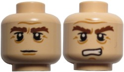 Display of LEGO part no. 3626cpb0733 which is a Light Nougat Minifigure, Head Dual Sided LotR Gimli Bushy Brown Eyebrows, Stern / Grimacing Pattern, Hollow Stud 