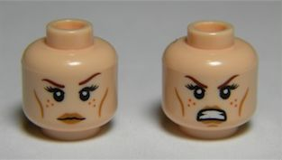 Display of LEGO part no. 3626cpb0813 which is a Light Nougat Minifigure, Head Dual Sided Female LotR Tauriel, Freckles, Calm / Angry, Bared Teeth Pattern, Hollow Stud 