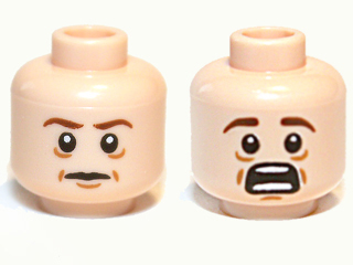 Display of LEGO part no. 3626cpb0818 which is a Light Nougat Minifigure, Head Dual Sided Dark Brown Eyebrows, Medium Nougat Dimples, Wrinkles, and Chin Dimple, Neutral / Open Mouth Scared with Teeth Parted Pattern, Hollow Stud 