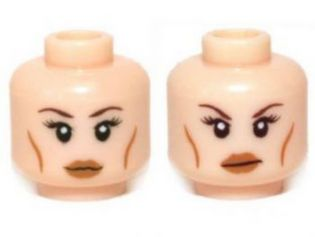 Display of LEGO part no. 3626cpb0936 which is a Light Nougat Minifigure, Head Dual Sided Female Brown Thin Eyebrows, Eyelashes, Cheek Lines, Smile / Determined Pattern, Hollow Stud 