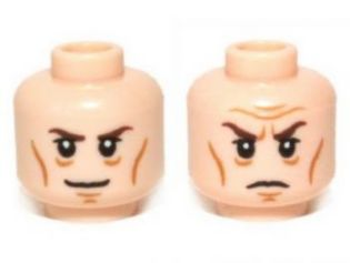 Display of LEGO part no. 3626cpb0939 which is a Light Nougat Minifigure, Head Dual Sided LotR Elrond Brown Eyebrows, Cheek Lines, Smile / Frown Pattern, Hollow Stud 