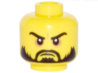 Display of LEGO part no. 3626cpb0978 which is a Yellow Minifigure, Head Beard Black, Moustache, Arched Eyebrows, White Pupils, Grim Mouth Pattern, Hollow Stud 