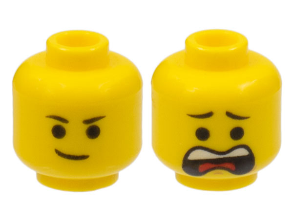 Display of LEGO part no. 3626cpb1028 which is a Yellow Minifigure, Head Dual Sided Black Eyebrows, Lopsided Smile / Open Mouth Scared Pattern (Emmet), Hollow Stud 