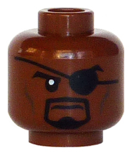 Display of LEGO part no. 3626cpb1067 which is a Reddish Brown Minifigure, Head Black Eyebrows, Eye Patch, and Goatee, Dark Brown Cheek Lines, Stern Pattern (Nick Fury), Hollow Stud 