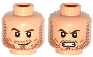 Display of LEGO part no. 3626cpb1152 which is a Light Nougat Minifigure, Head Dual Sided Beard Stubble, Brown Eyebrows, Smile / Angry Bared Teeth Pattern, Hollow Stud 