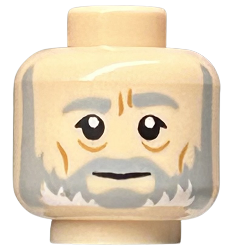Display of LEGO part no. 3626cpb1172 which is a Light Nougat Minifigure, Head Beard with Light Bluish Gray Beard and Eyebrows, Furrowed Brow, Medium Nougat Cheek Lines, Neutral Pattern, Hollow Stud 