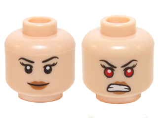 Display of LEGO part no. 3626cpb1227 which is a Light Nougat Minifigure, Head Dual Sided Female Black Eyebrows, Long Eyelashes, Medium Nougat Lips, Grin / Bared Teeth and Red Eyes Pattern, Hollow Stud 