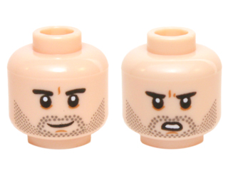 Display of LEGO part no. 3626cpb1428 which is a Light Nougat Minifigure, Head Dual Sided Black Eyebrows, Black Stubble, White Pupils Smiling / Open Mouth Scowling Pattern (SW Poe Dameron), Hollow Stud 