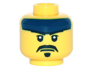 Display of LEGO part no. 3626cpb1483 which is a Yellow Minifigure, Head Dark Blue Headband, White Pupils, Black Moustache and Goatee Pattern, Hollow Stud 