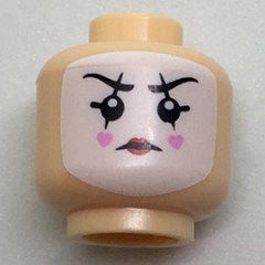 Display of LEGO part no. 3626cpb1720 which is a Light Nougat Minifigure, Head White Face Paint, Black Lines Through Eyebrows and Eyes, Bright Pink Hearts on Cheeks Pattern, Hollow Stud 