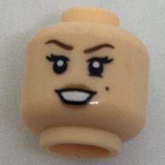 Display of LEGO part no. 3626cpb1721 which is a Light Nougat Minifigure, Head Female Brown Eyebrows, Medium Nougat Lips, Beauty Mark on Left Side Pattern, Hollow Stud 