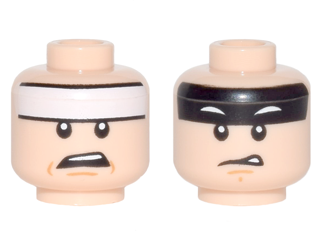 Display of LEGO part no. 3626cpb1740 which is a Light Nougat Minifigure, Head Dual Sided White Headband and Worried / Black Headband and Squinted Batman Eyes, Disgusted Pattern (Batman), Hollow Stud 