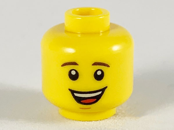 Display of LEGO part no. 3626cpb2097 which is a Yellow Minifigure, Head Male Dark Brown Eyebrows, Open Mouth Smile with White Teeth and Red Tongue Pattern, Hollow Stud 
