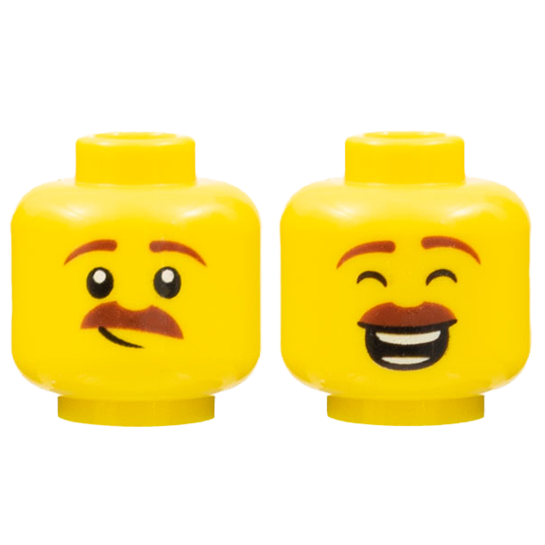 LEGO Part 3626cpb2148 Minifigure, Head Dual Sided Reddish Brown Eyebrows and Moustache, Lopsided Smirk / Open Smile with Closed Eyes Pattern - Hollow Stud
