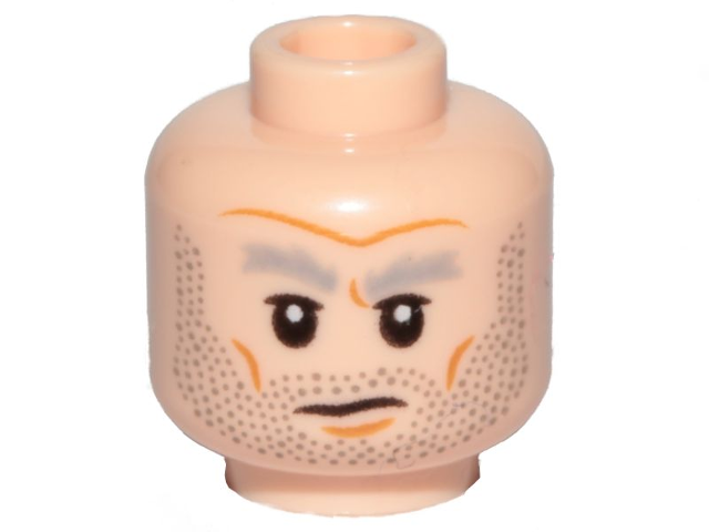 Display of LEGO part no. 3626cpb2353 which is a Light Nougat Minifigure, Head Gray Bushy Eyebrows, Stubble, Lines on Cheeks Pattern (Griff Halloran), Hollow Stud 