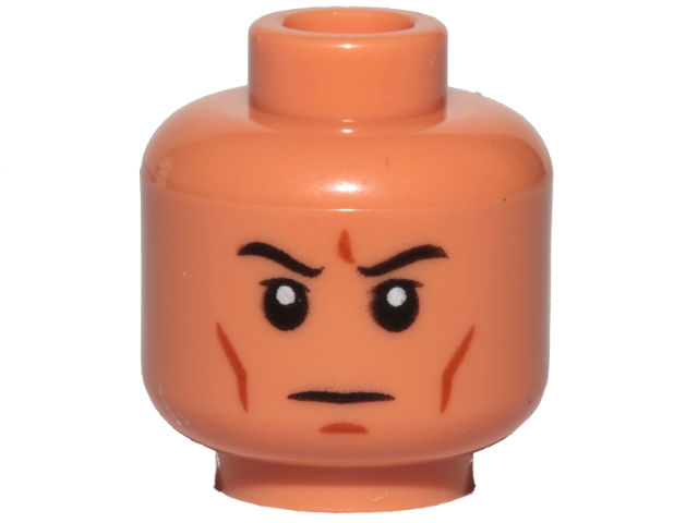 Display of LEGO part no. 3626cpb2651 which is a Nougat Minifigure, Head Black Eyebrows, Upper Eyelids, Dark Orange Cheek Lines and Chin Dimple, Stern Pattern, Hollow Stud 