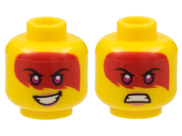 Display of LEGO part no. 3626cpb3047 which is a Yellow Minifigure, Head Dual Sided Female, Large Red Tattoo, Magenta Eyes, Peach Lips, Smile / Scowl Pattern (Harumi), Hollow Stud 